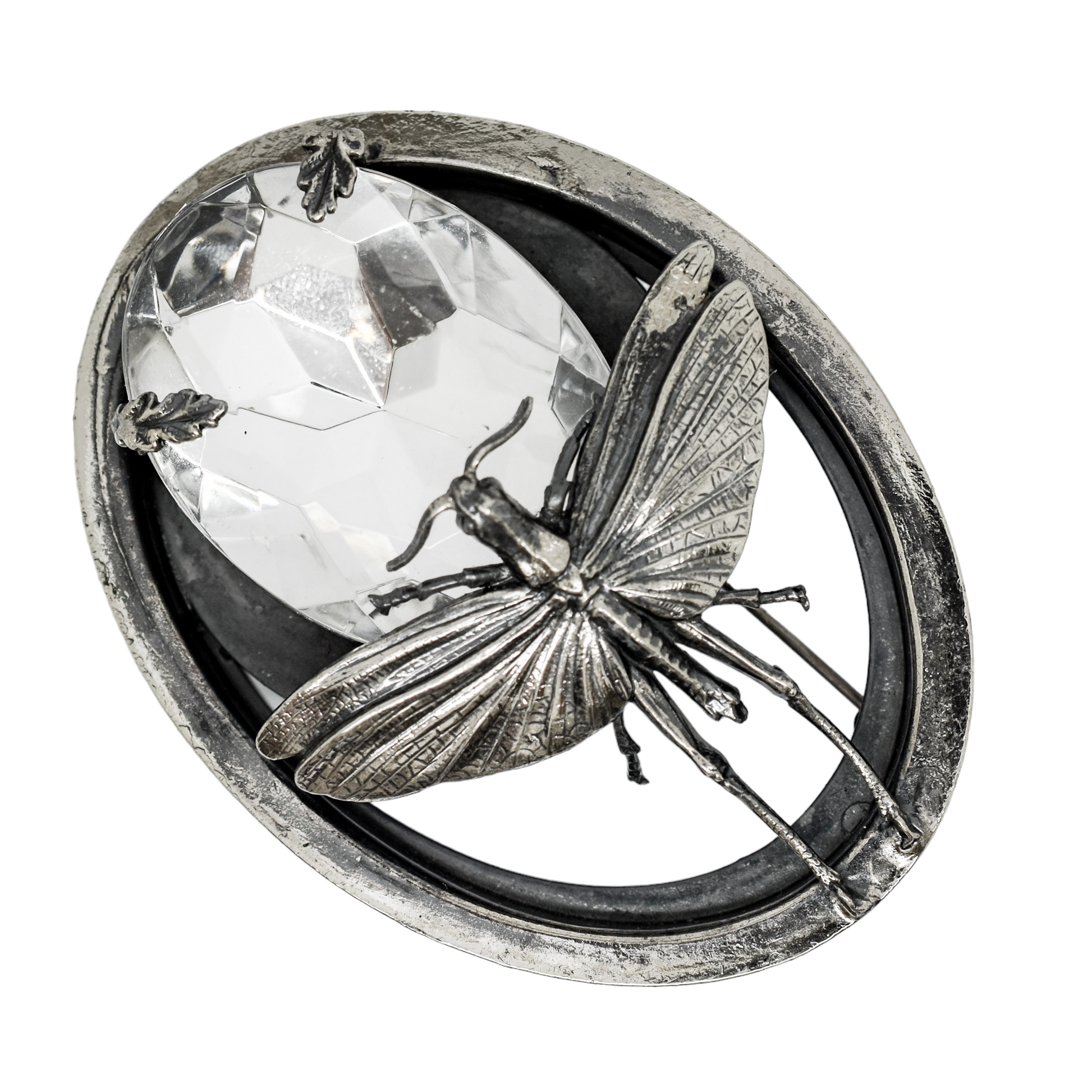 Ermani Bulatti silvertone butterfly large oval statement brooch