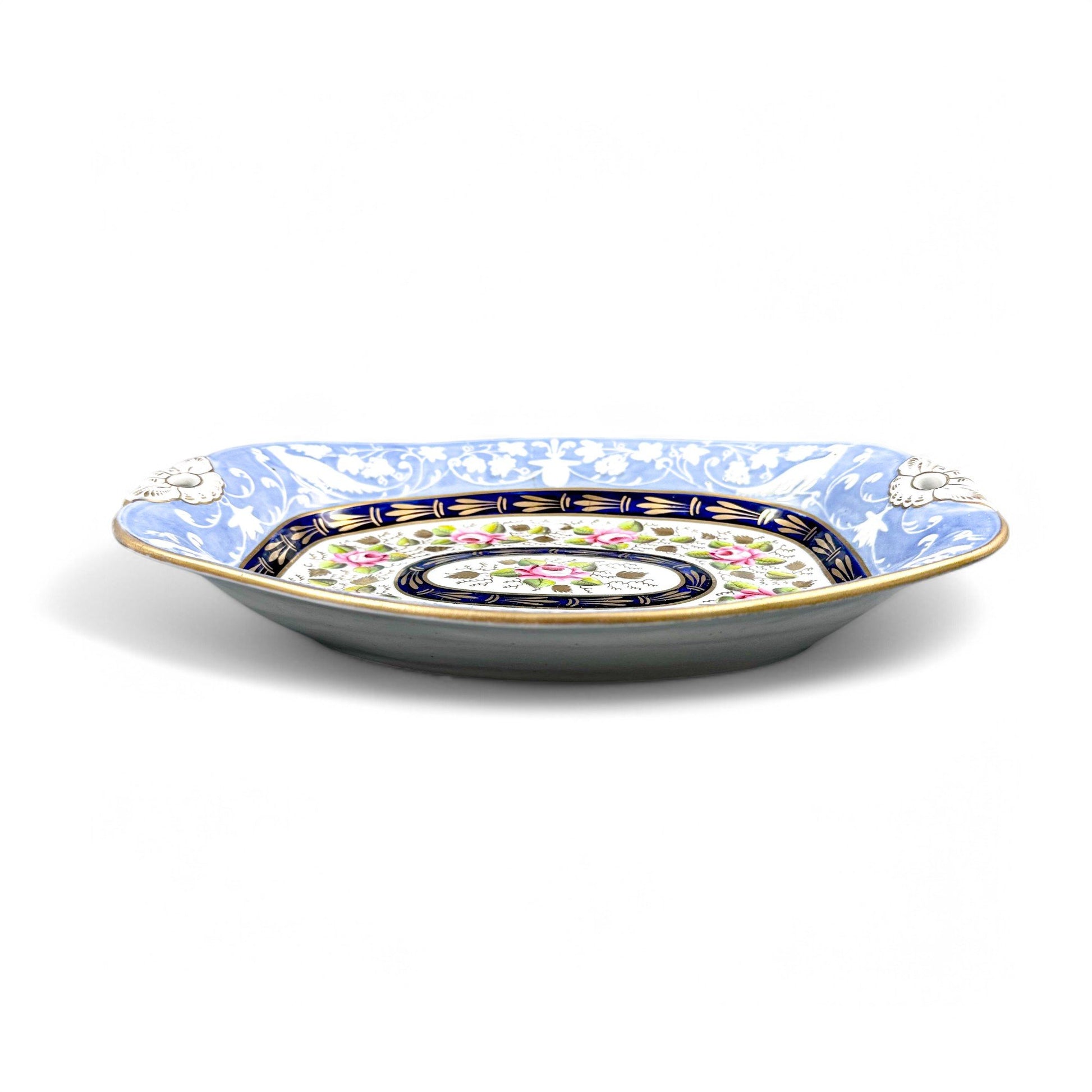 Rare New Hall Staffordshire hybrid porcelain dessert service with powder blue and rose decoration, circa 1820