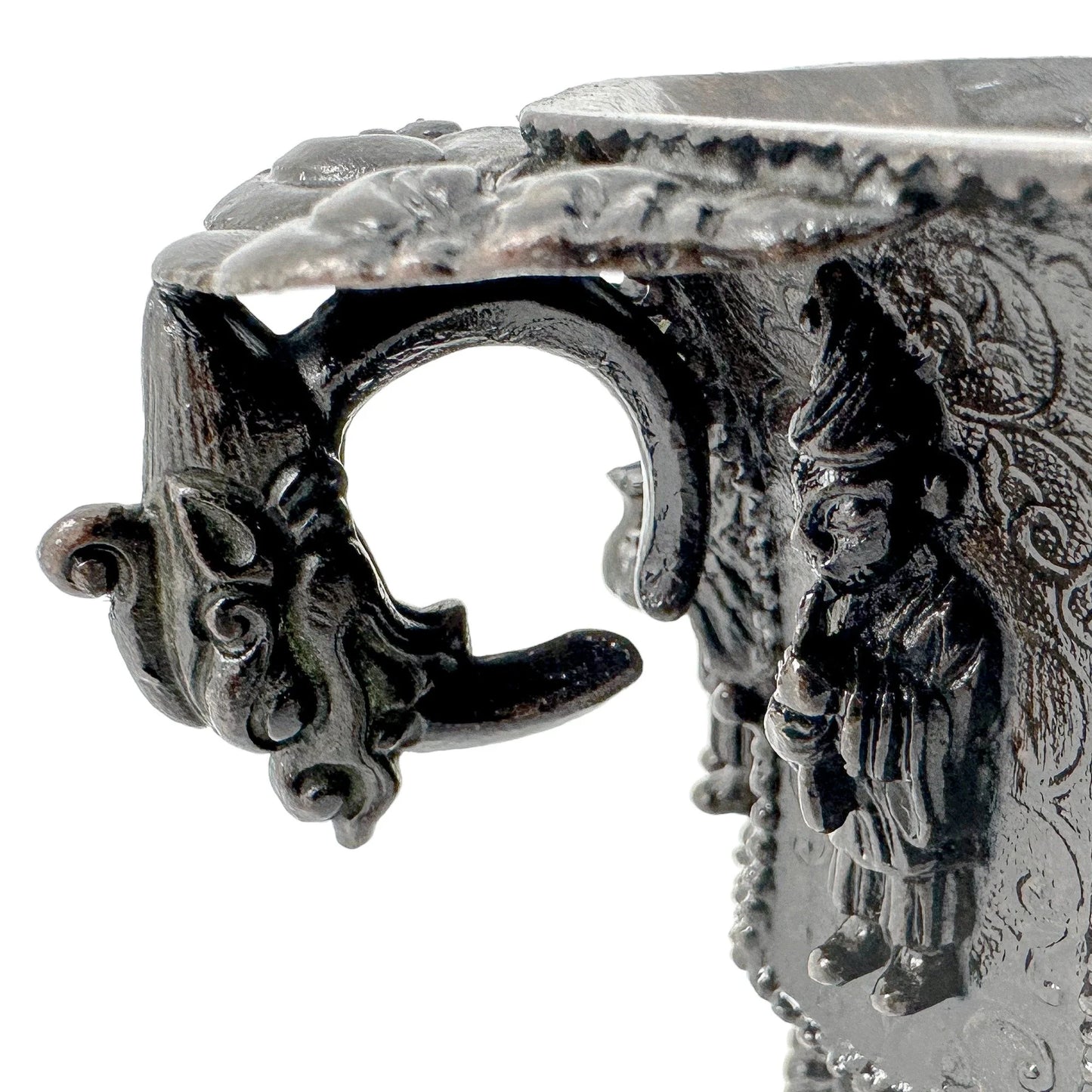 Chinese bronze libation cup with immortals, Tang marks, octagonal body