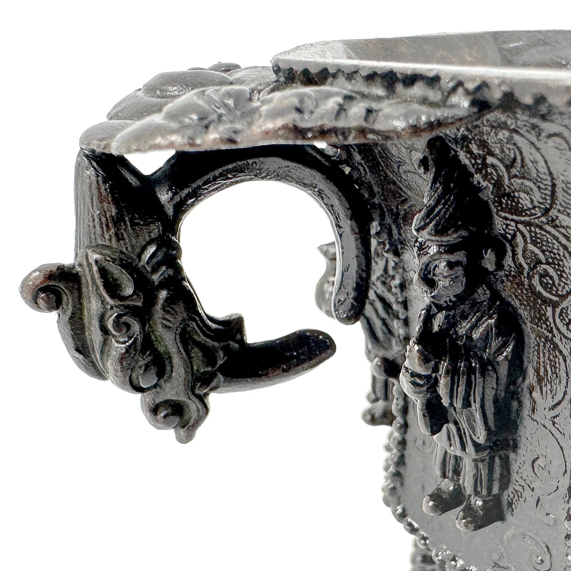 Chinese bronze libation cup with immortals, Tang marks, octagonal body