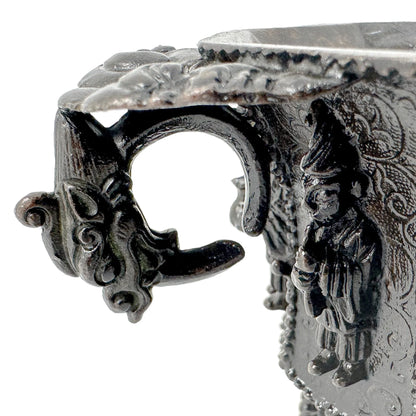 Chinese bronze libation cup with immortals, Tang marks, octagonal body