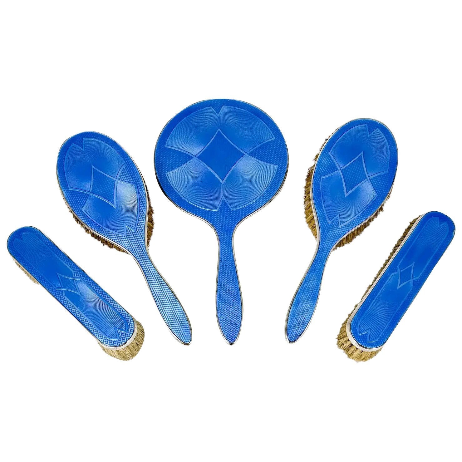 Art Deco Asprey silver and blue guilloche enamel vanity brush mirror set