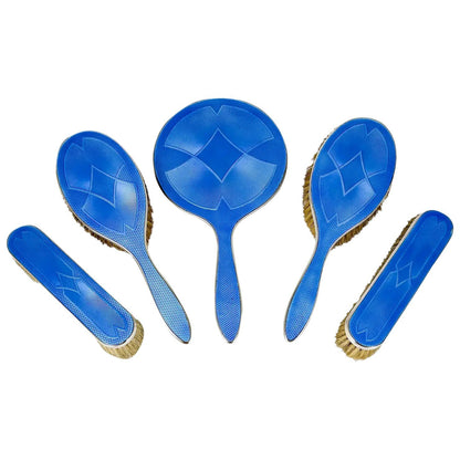 Art Deco Asprey silver and blue guilloche enamel vanity brush mirror set