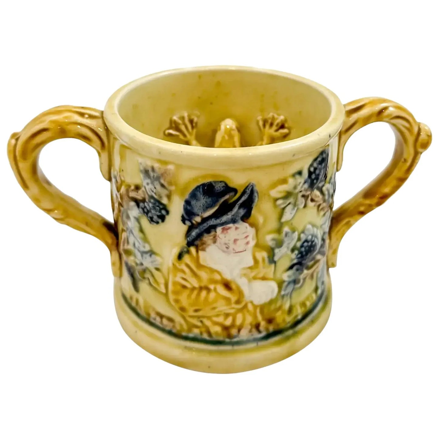 Victorian Sunderland two-handled loving cup, frog mug with "Jolly Topers" design