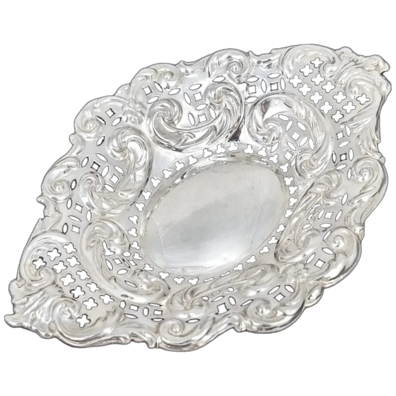 Victorian sterling silver oval bonbon dish, embossed with scrolls, Adie & Lovekin 1896