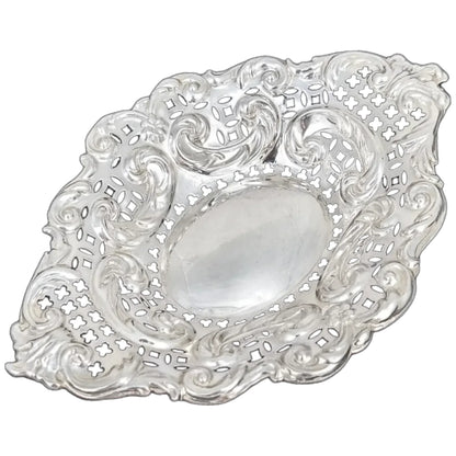 Victorian sterling silver oval bonbon dish, embossed with scrolls, Adie & Lovekin 1896