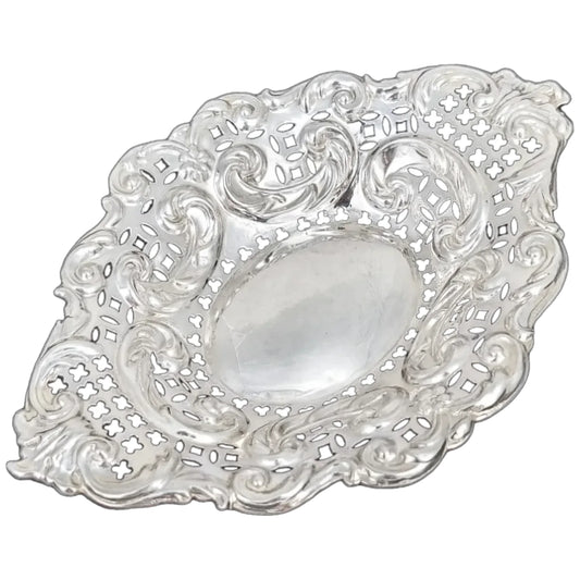 Victorian sterling silver oval bonbon dish, embossed with scrolls, Adie & Lovekin 1896