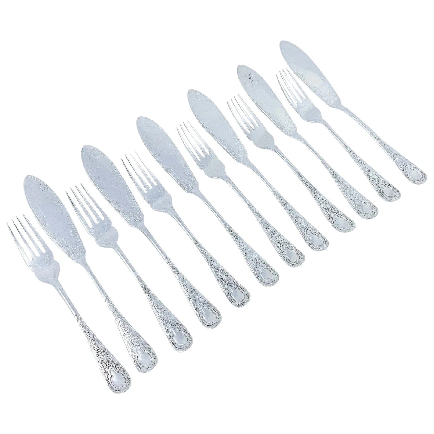 Silver plated Art Nouveau fish cutlery set for 6 people with high-relief scrolls and vacant cartouches