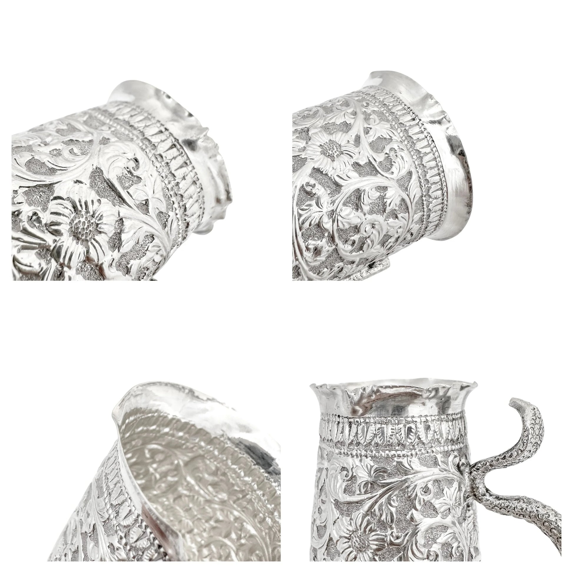 Indian Kutch silver double spirit measure cup with snake handle and flower embossing