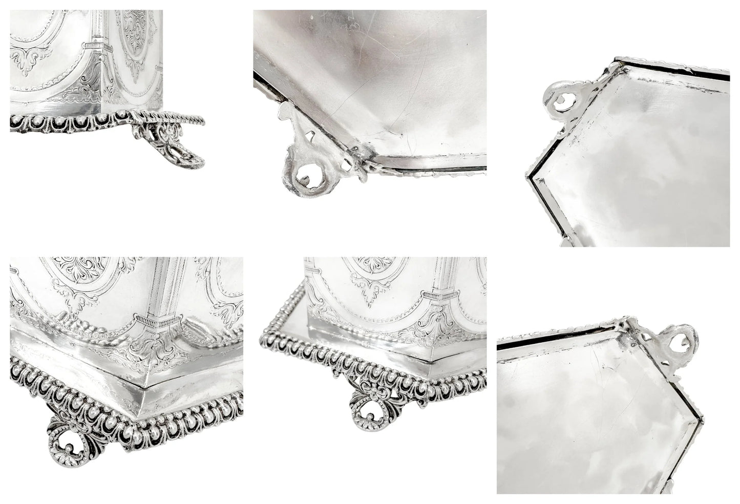 Victorian Neoclassical 6-sided silver-plated biscuit barrel on cast feet with egg-and-dart trim