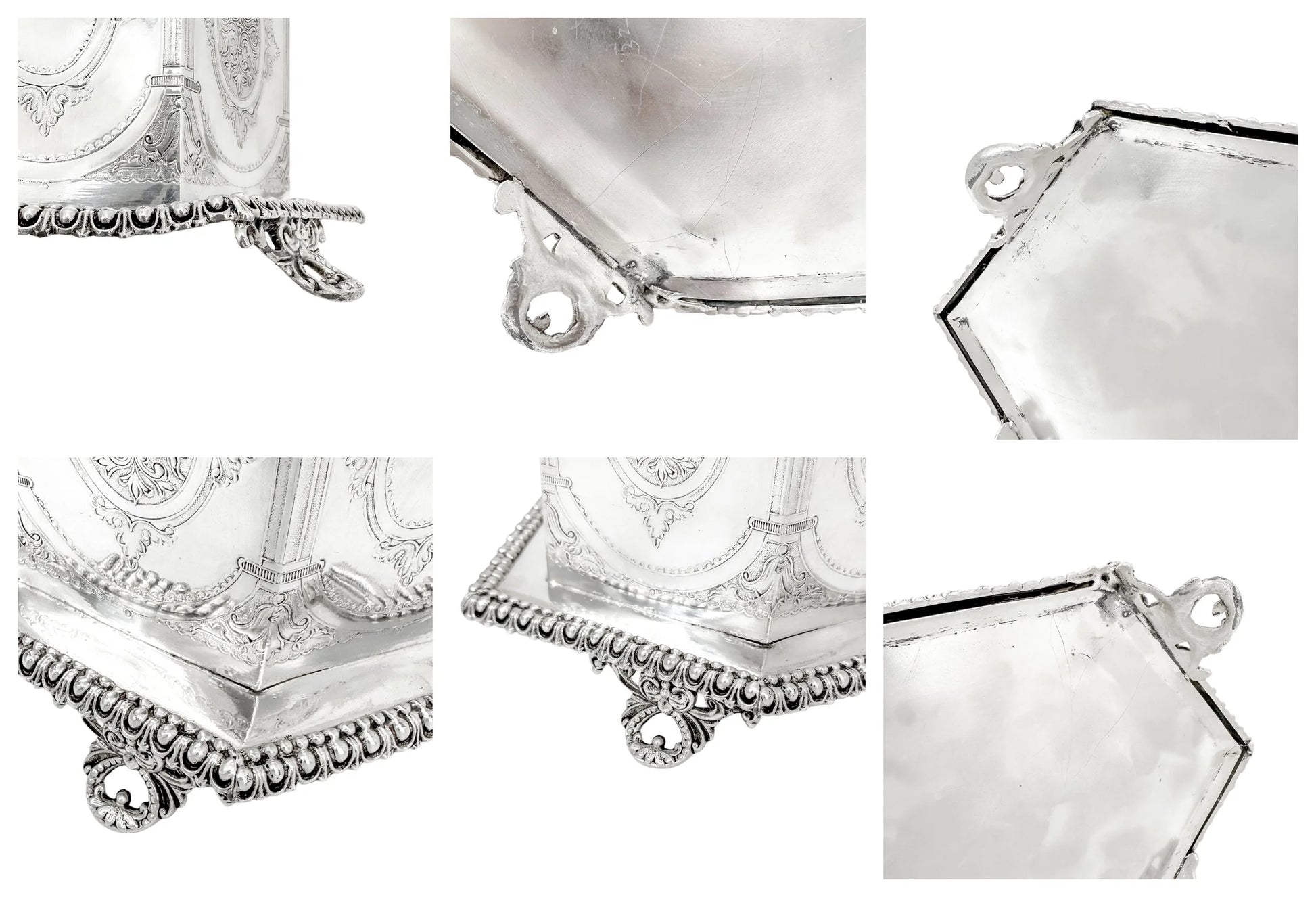 Victorian Neoclassical 6-sided silver-plated biscuit barrel on cast feet with egg-and-dart trim
