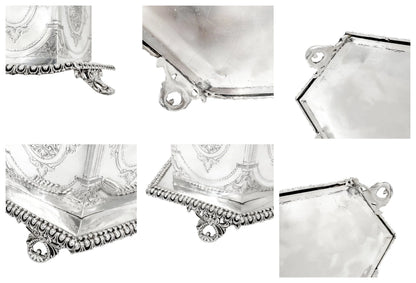 Victorian Neoclassical 6-sided silver-plated biscuit barrel on cast feet with egg-and-dart trim