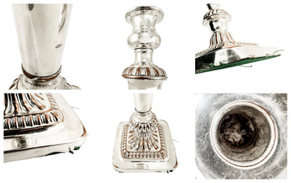 George III Old Sheffield plate pair of large candlesticks on square bases