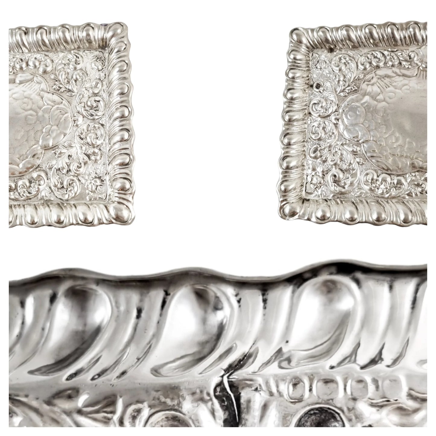 Art Nouveau sterling silver dressing table tray with embossed flowers, scrolls and leaves