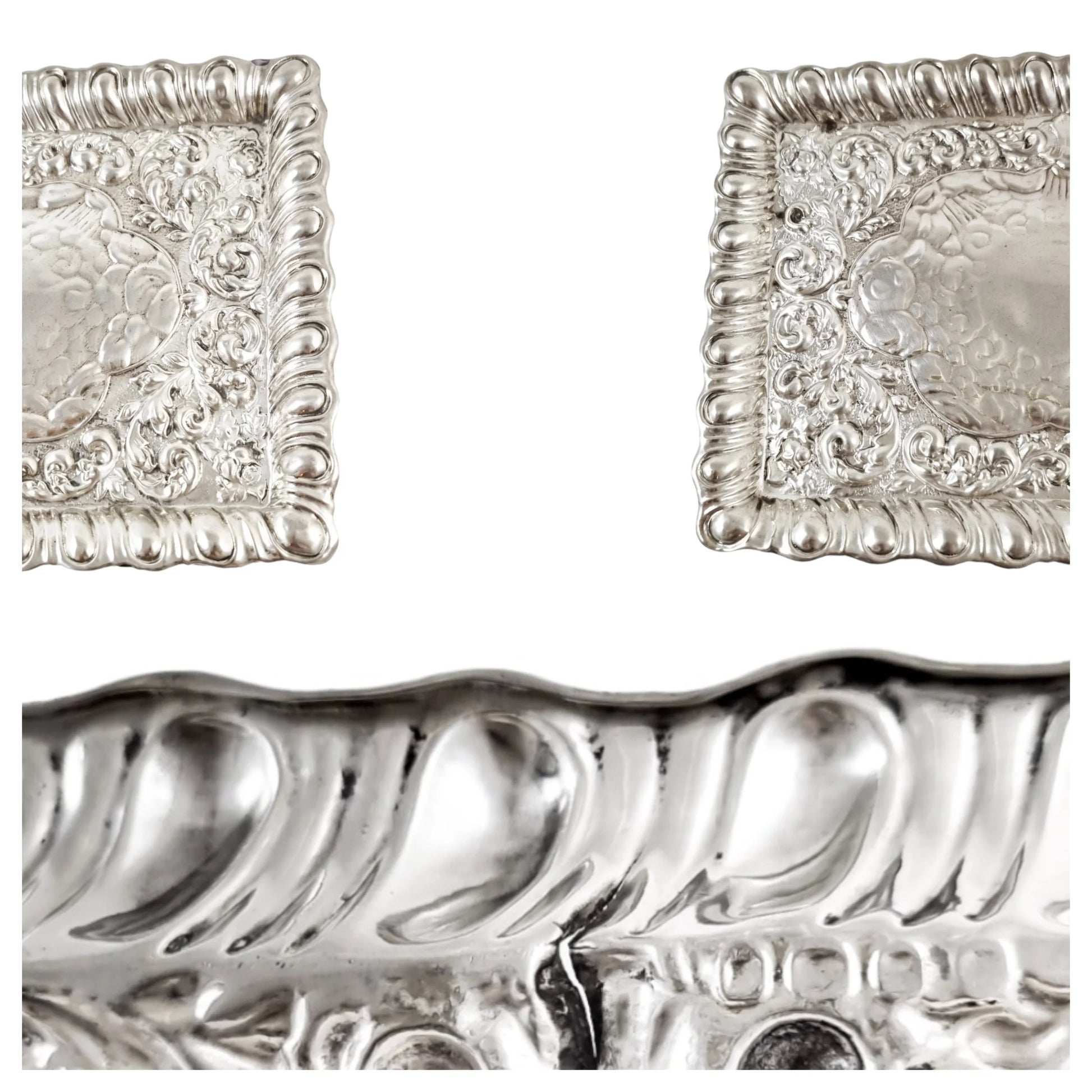 Art Nouveau sterling silver dressing table tray with embossed flowers, scrolls and leaves