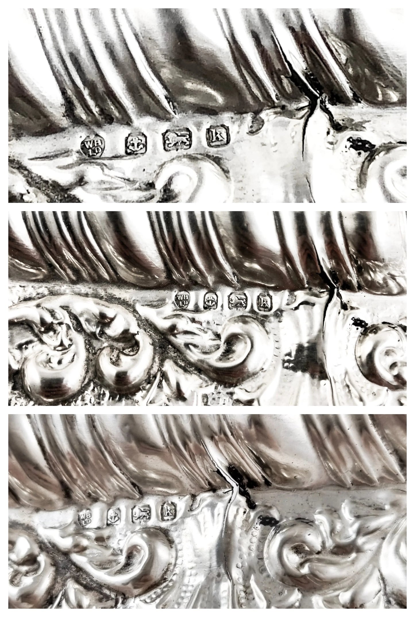 Art Nouveau sterling silver dressing table tray with embossed flowers, scrolls and leaves