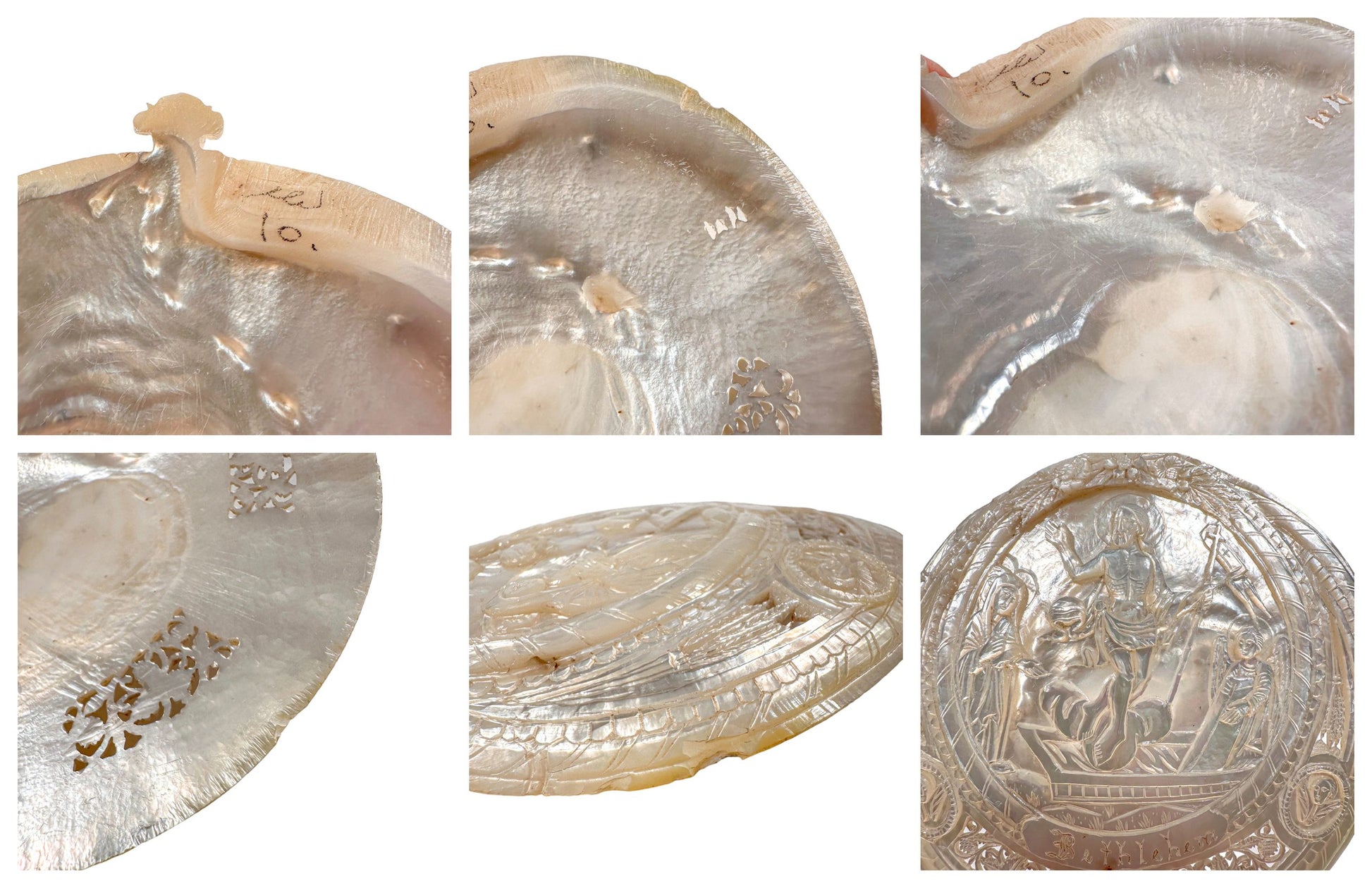 19th century pilgrim's souvenir from The Holy Land, mother of pearl carved shell of Jesus' Resurrection
