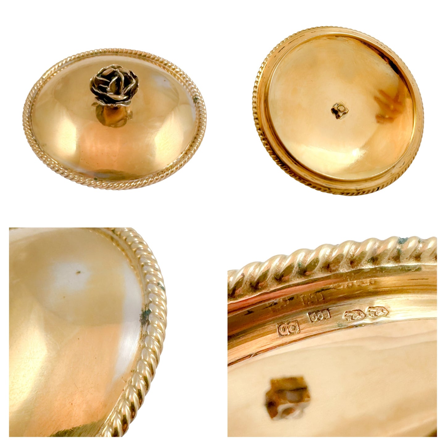 18th century floral Rococo Meissen Marcolini sucrier, gilt silver lid and saucer
