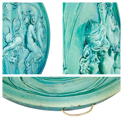 French 1890's Clément Massier huge iridescent turquoise wall charger
