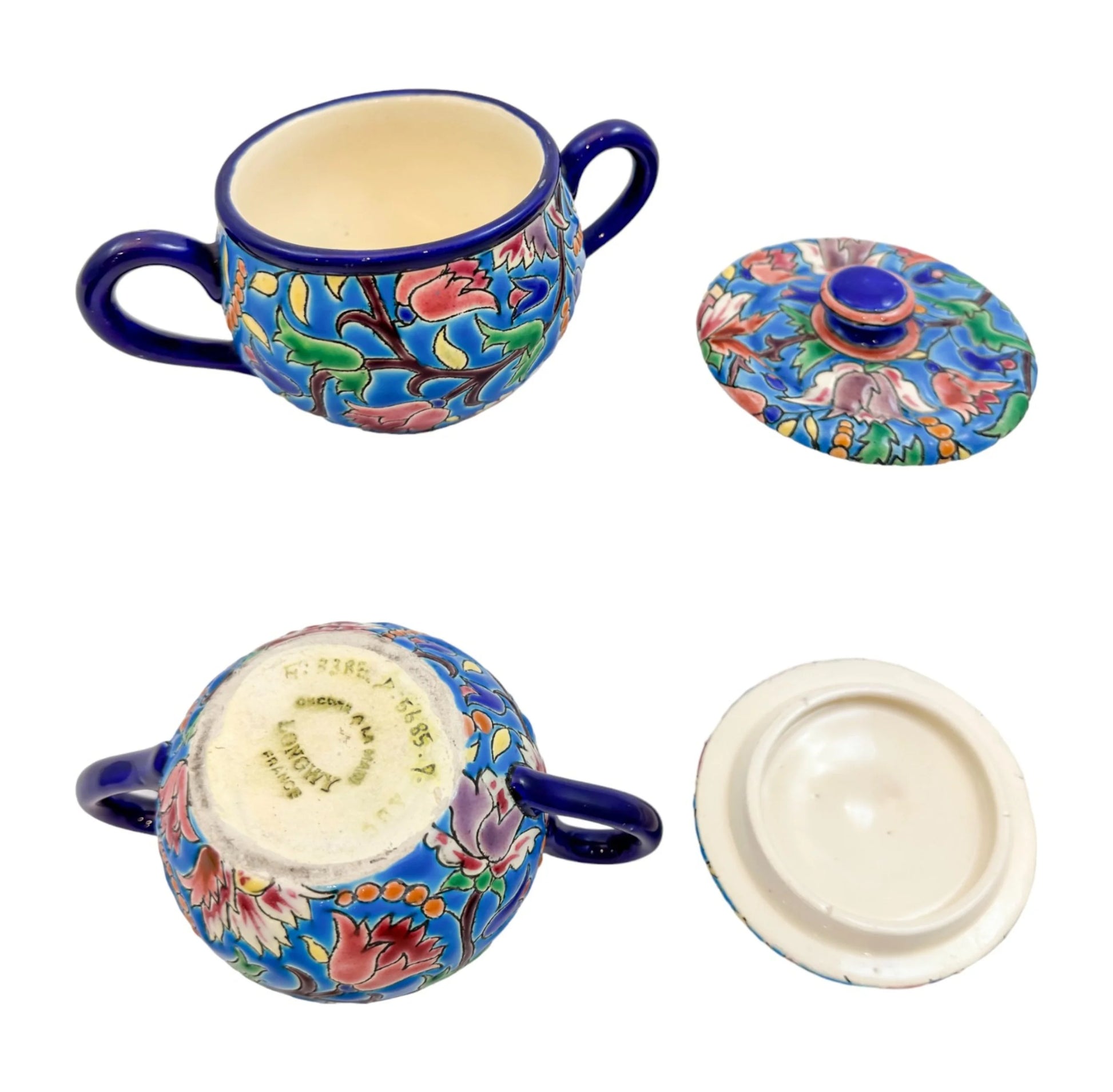 1930's Art Deco Longwy French cloisonné faience enamel pottery tea set, Japanese design