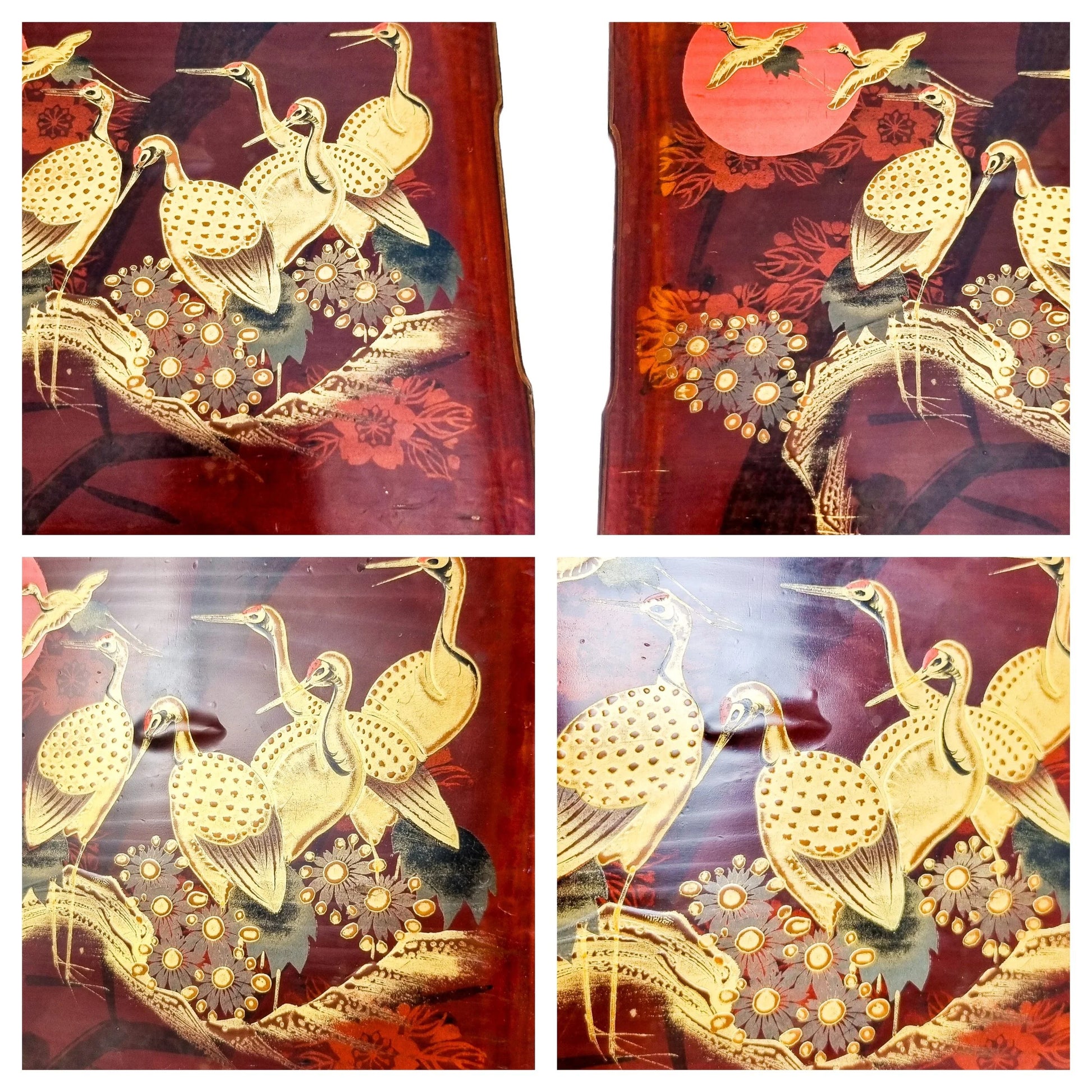 Meiji era Japanese large red lacquerware box maki-e gilded with cranes / storks