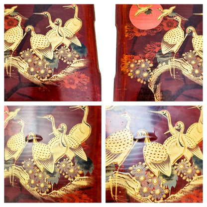 Meiji era Japanese large red lacquerware box maki-e gilded with cranes / storks