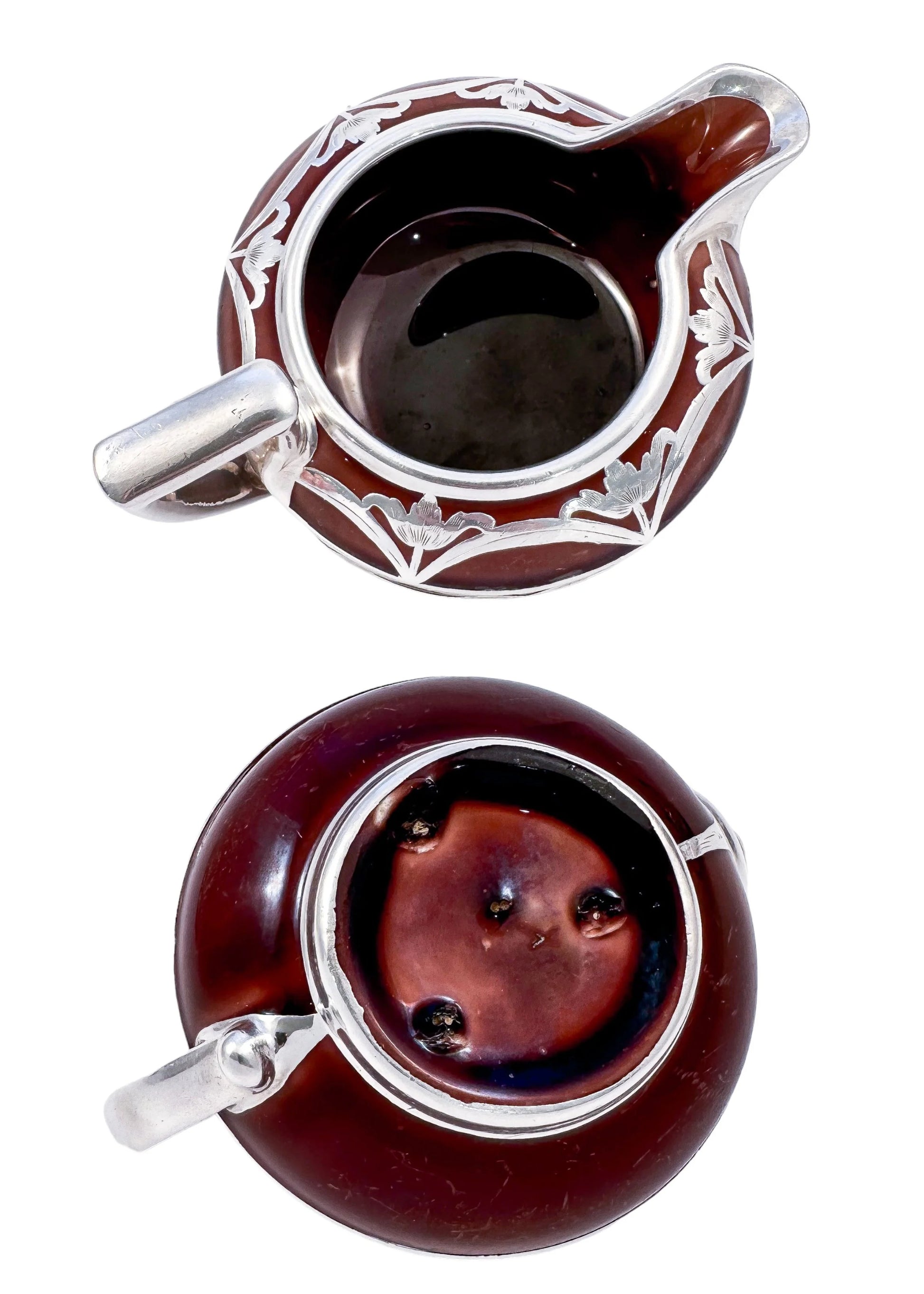 Art Nouveau Lenox brown teapot, stand and creamer with sterling silver overlay