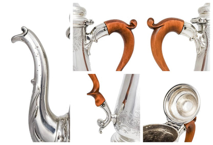 1740s George II Rococo sterling silver coffee pot with armorials and fruitwood handle