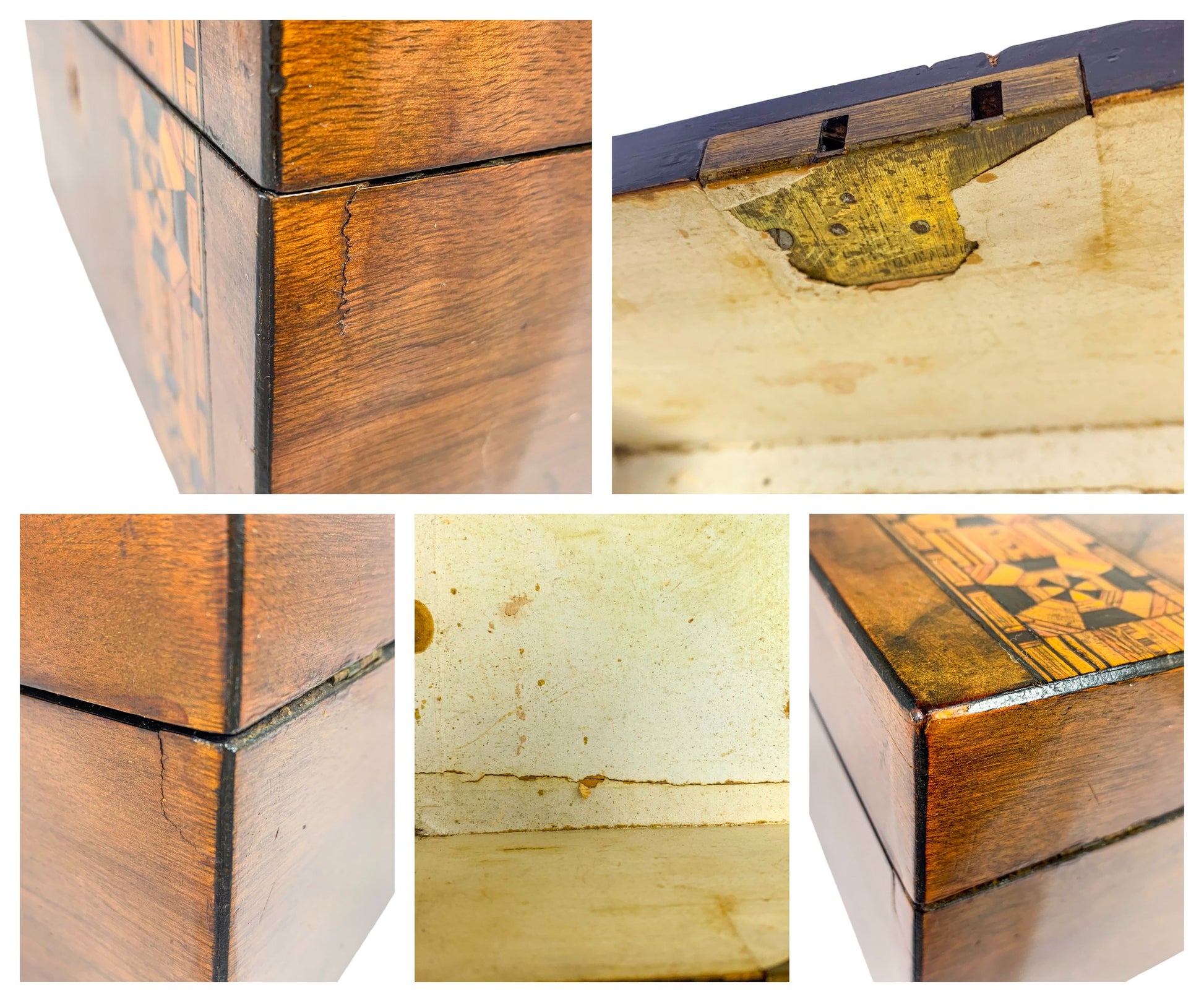 Victorian Tunbridge Ware walnut keepsake box inlaid with marquetry and lined with silk