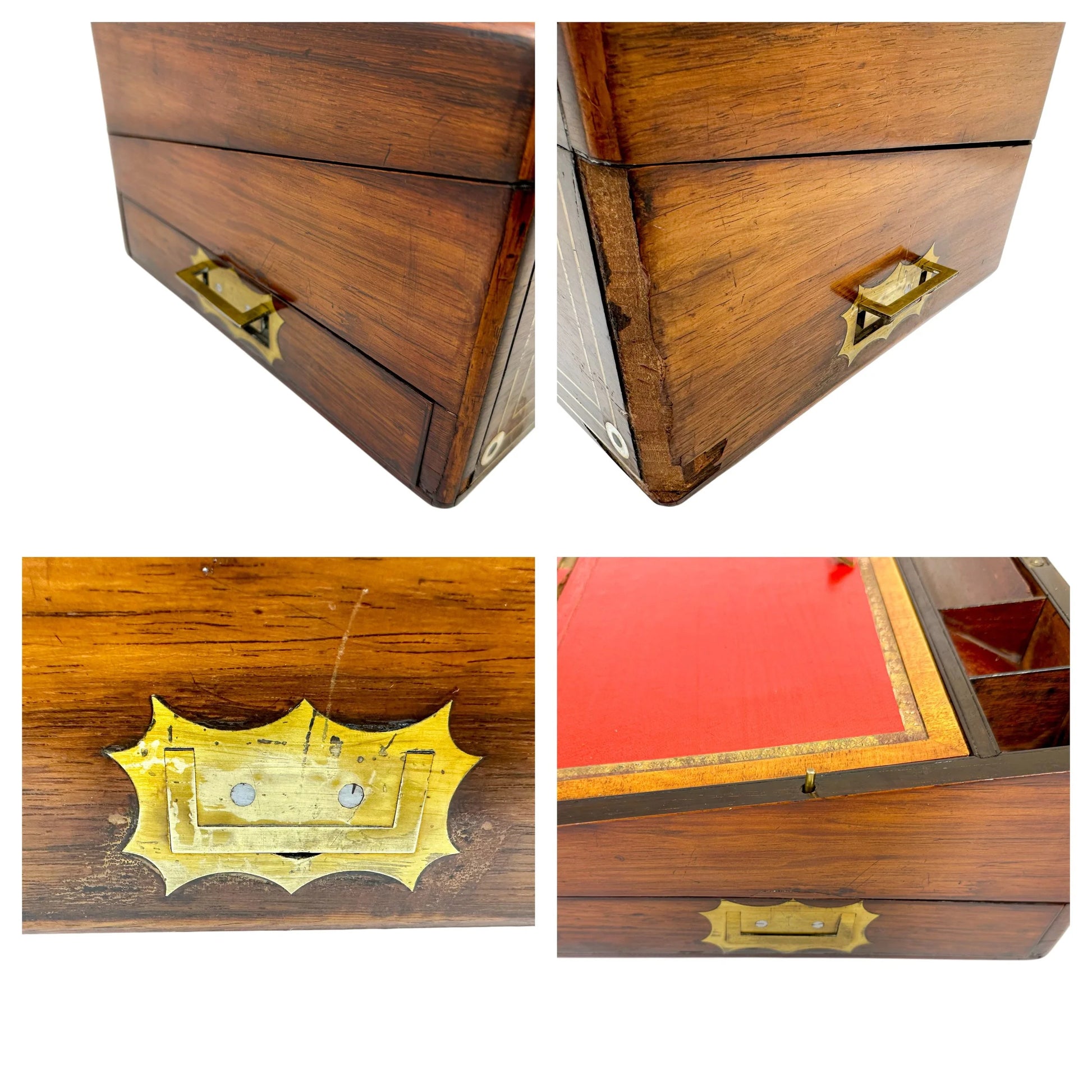Large rosewood Victorian writing box with mother of pearl cartouche and secret pull out drawers