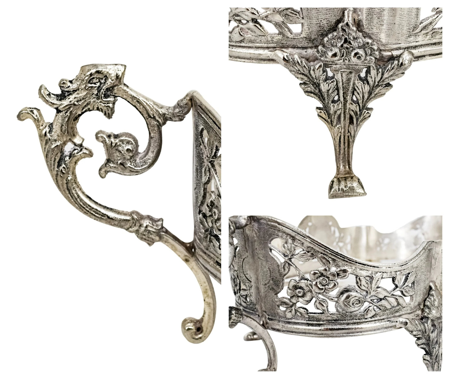 Portuguese Art Nouveau silver plated oval jardinière planter with dragon handles