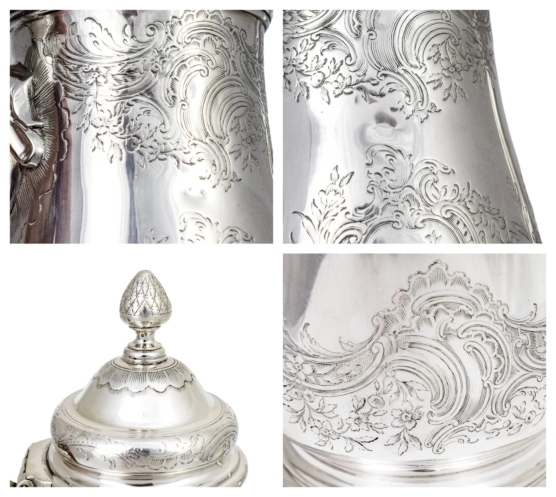 1740s George II Rococo sterling silver coffee pot with armorials and fruitwood handle