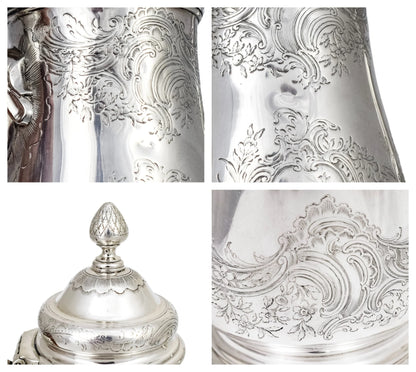 1740s George II Rococo sterling silver coffee pot with armorials and fruitwood handle