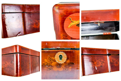 Meiji era Japanese large red lacquerware box maki-e gilded with cranes / storks