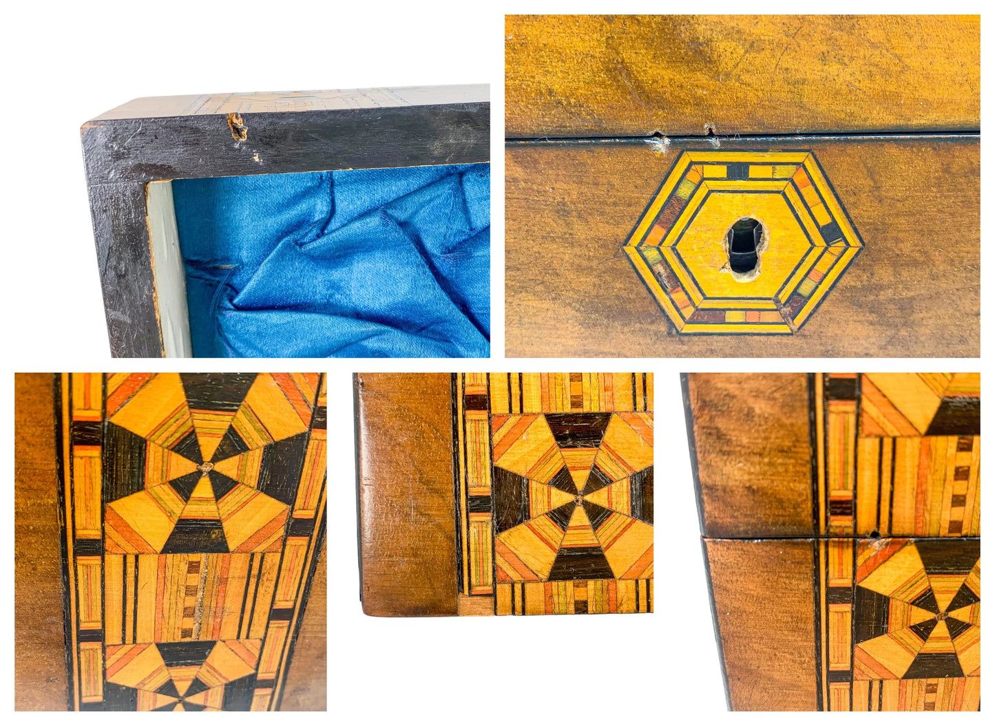 Victorian Tunbridge Ware walnut keepsake box inlaid with marquetry and lined with silk