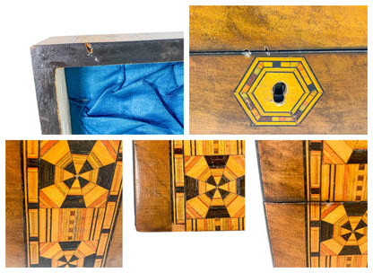 Victorian Tunbridge Ware walnut keepsake box inlaid with marquetry and lined with silk