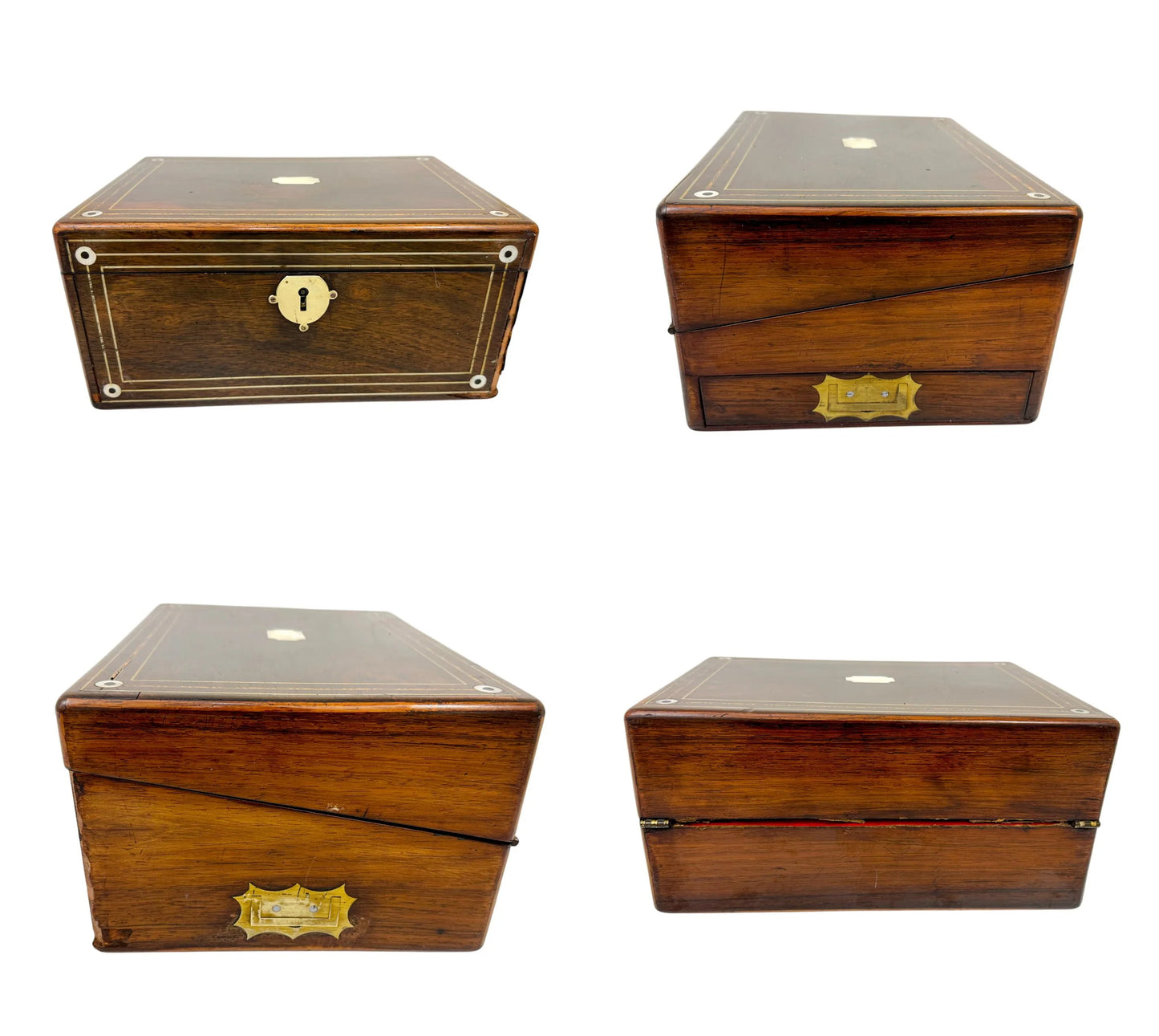 Large rosewood Victorian writing box with mother of pearl cartouche and secret pull out drawers