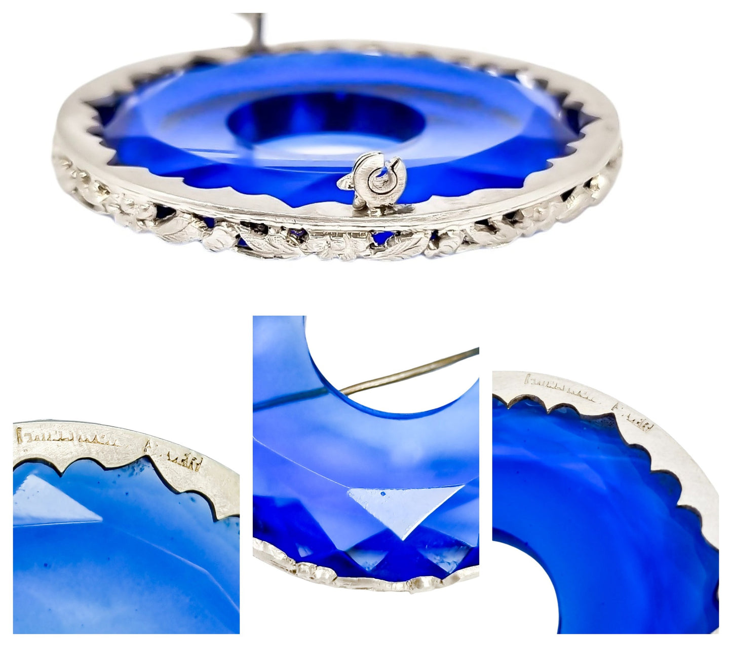 Art Deco Chinese export silver large round brooch with faceted blue glass