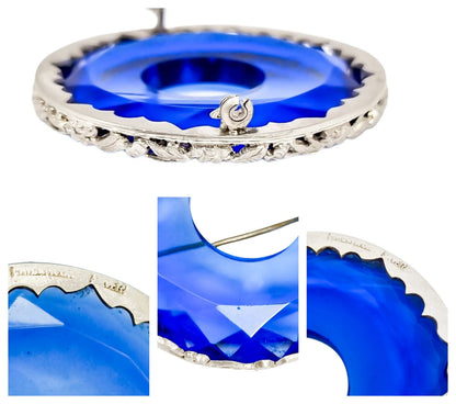 Art Deco Chinese export silver large round brooch with faceted blue glass