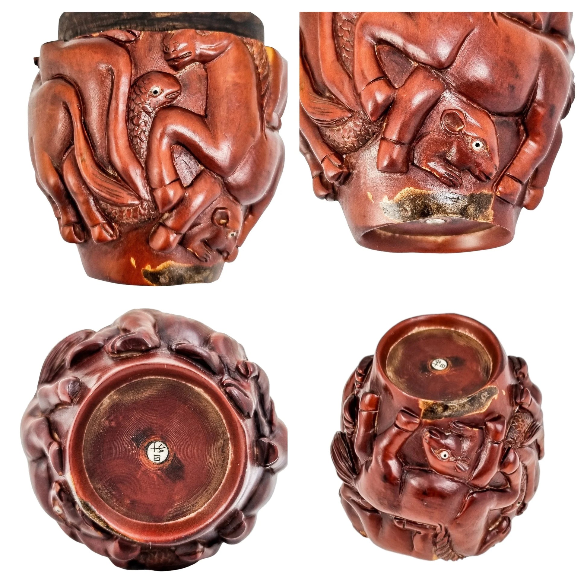 Meiji Japanese boxwood natsume box carved with 12 zodiac animals, signed