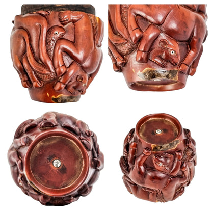 Meiji Japanese boxwood natsume box carved with 12 zodiac animals, signed