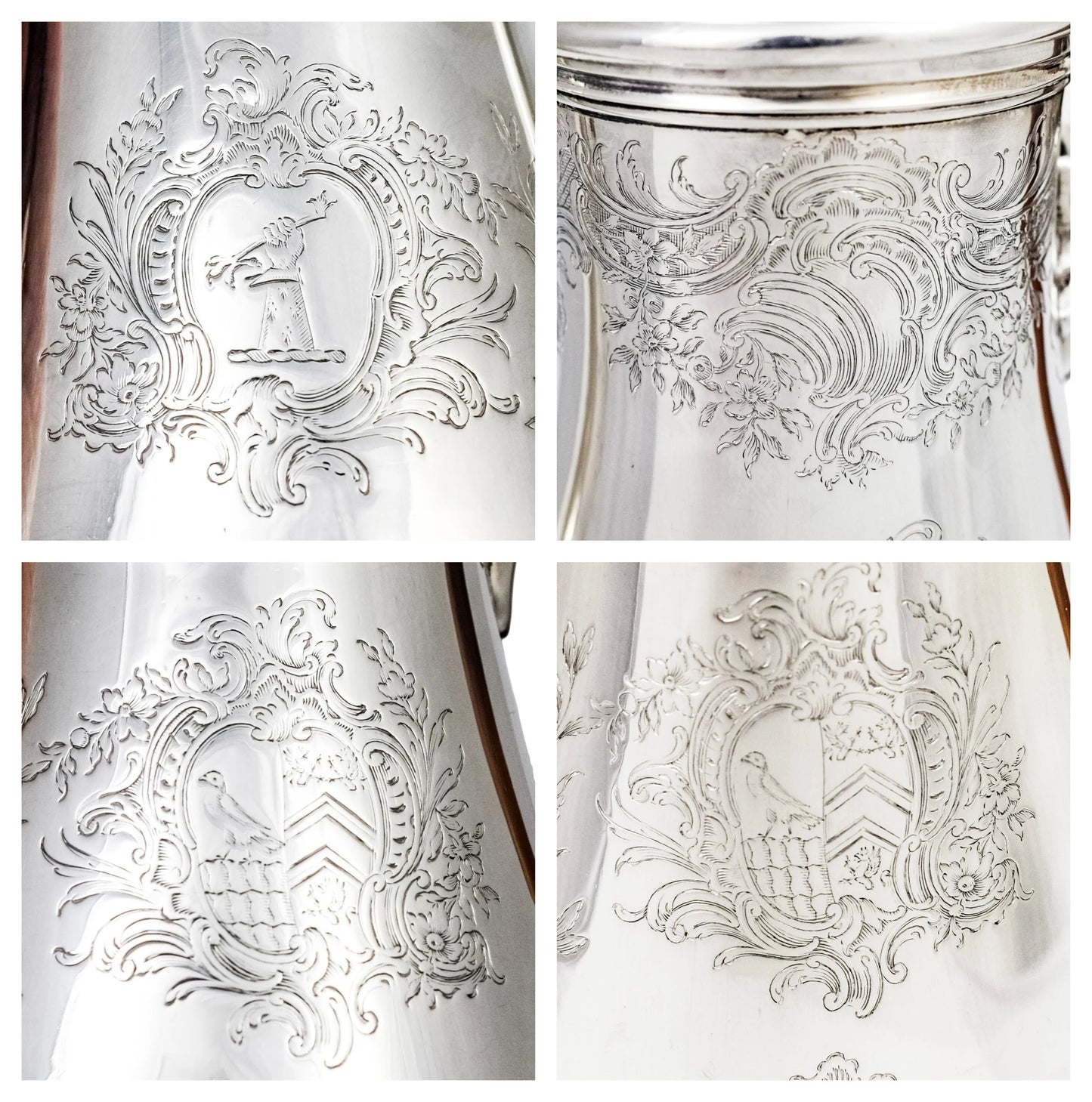 1740s George II Rococo sterling silver coffee pot with armorials and fruitwood handle