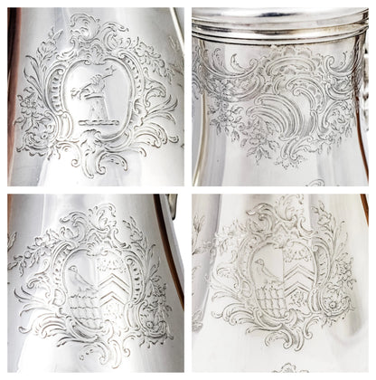 1740s George II Rococo sterling silver coffee pot with armorials and fruitwood handle