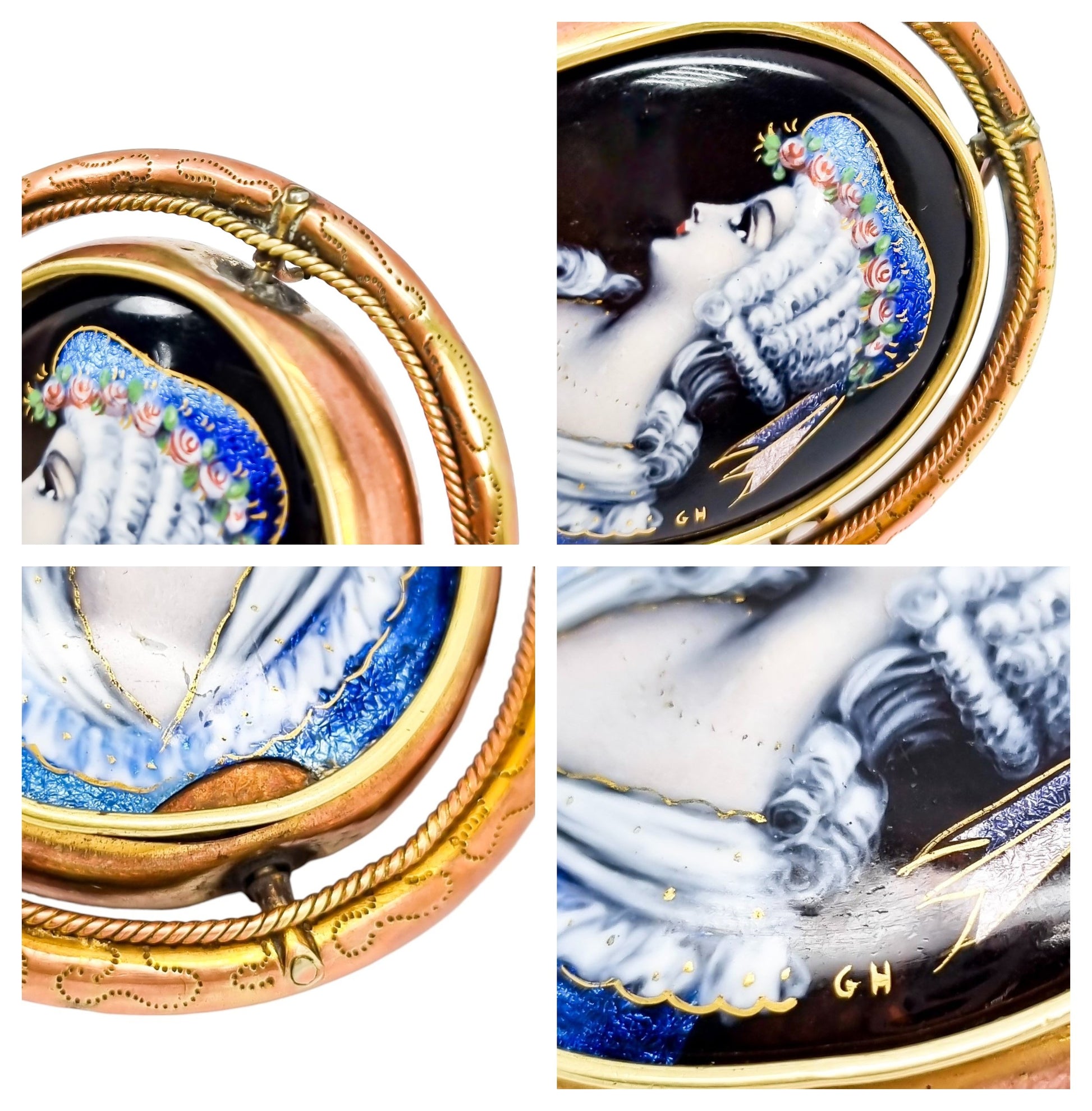 Antique large Limoges enamel Email d'Art portrait of lady swivel brooch signed "GH"