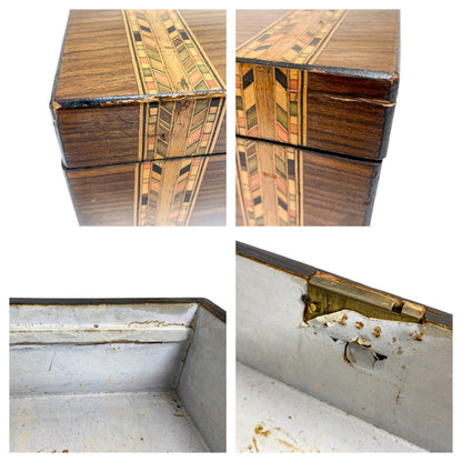 Victorian Tunbridge Ware lady's keepsake box with silk lining and geometric marquetry bands