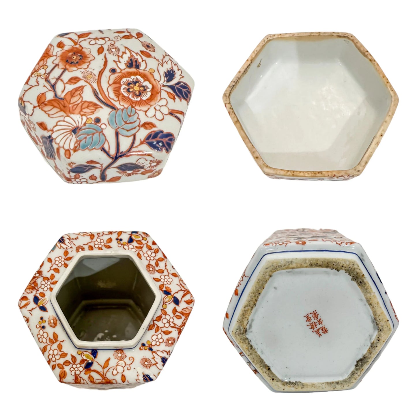 Japanese Meiji era hexagonal lidded caddy / ginger jar with blossoming flowers