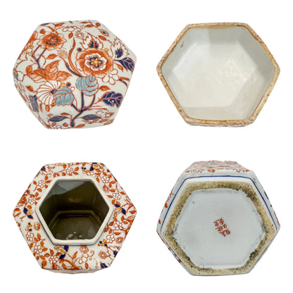Japanese Meiji era hexagonal lidded caddy / ginger jar with blossoming flowers