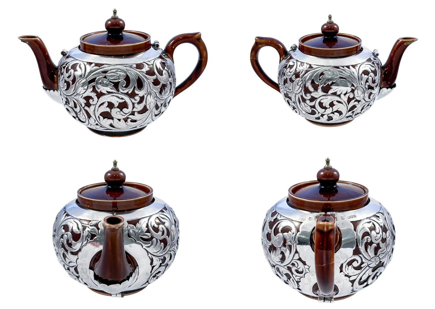 Art Nouveau Lenox brown teapot, stand and creamer with sterling silver overlay