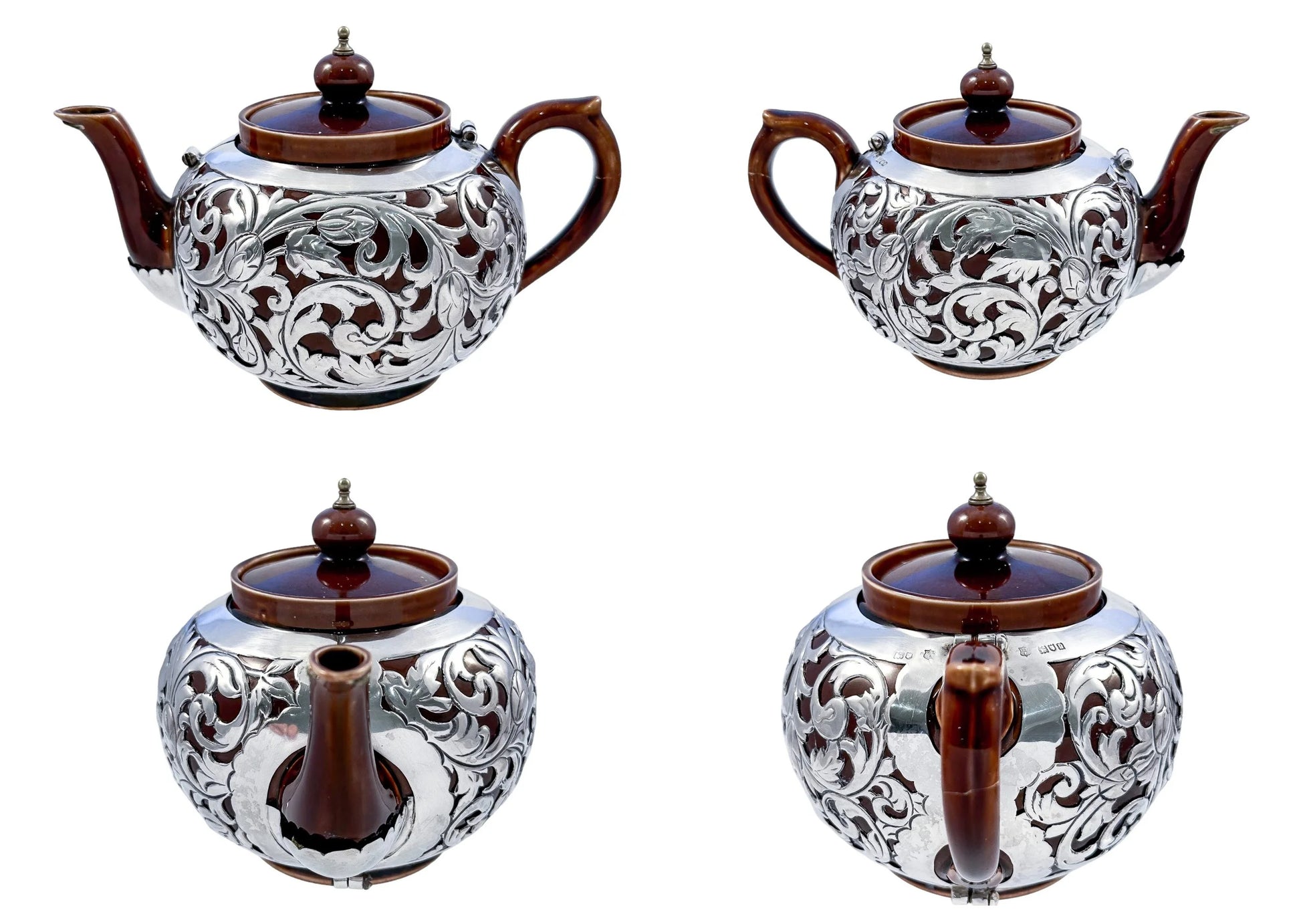 Art Nouveau Lenox brown teapot, stand and creamer with sterling silver overlay