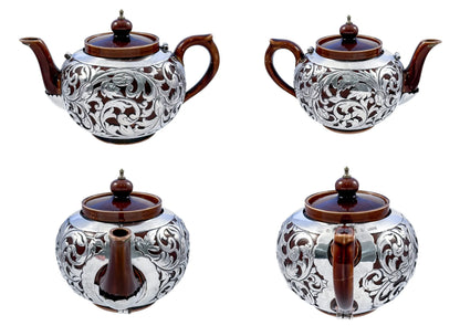Art Nouveau Lenox brown teapot, stand and creamer with sterling silver overlay